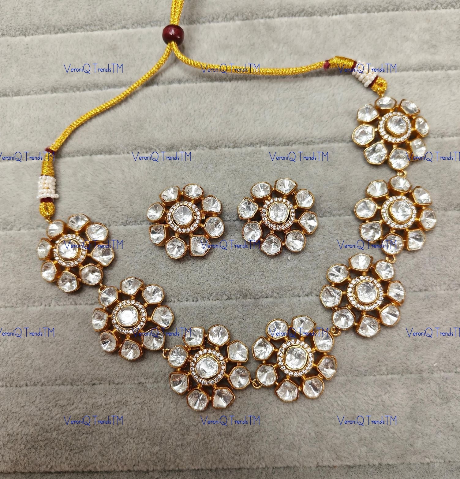 VeroniQ Trends-Victorian Floral Style Diamond Look Polki Necklace Polki-Gold Plated-Wedding Jewellery-Punjabi Jewellery-South Indian-Thappa Jewellery