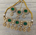 VeroniQ Trends-Victorian Bridal Emerald Green Stone Brass Moissanite Choker Necklace Brass Moissanite-Gold Plated-Wedding Jewellery-Punjabi Jewellery-South Indian-Thappa Jewellery