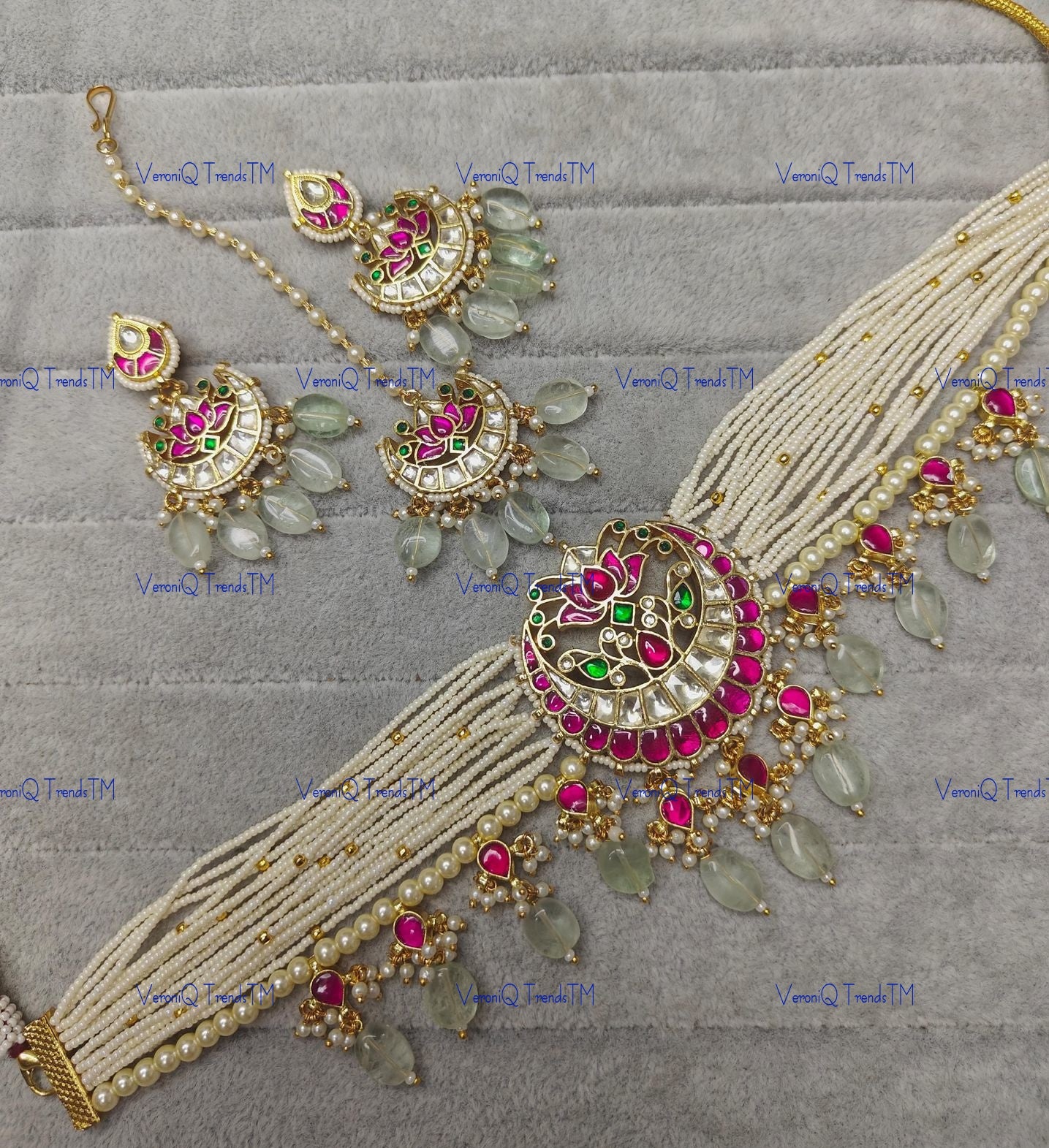 VeroniQ Trends-Traditional Gold Plated Multistrand Chandbali Pendant Pachi Kundan Choker Necklace Pachi Kundan-Gold Plated-Wedding Jewellery-Punjabi Jewellery-South Indian-Thappa Jewellery