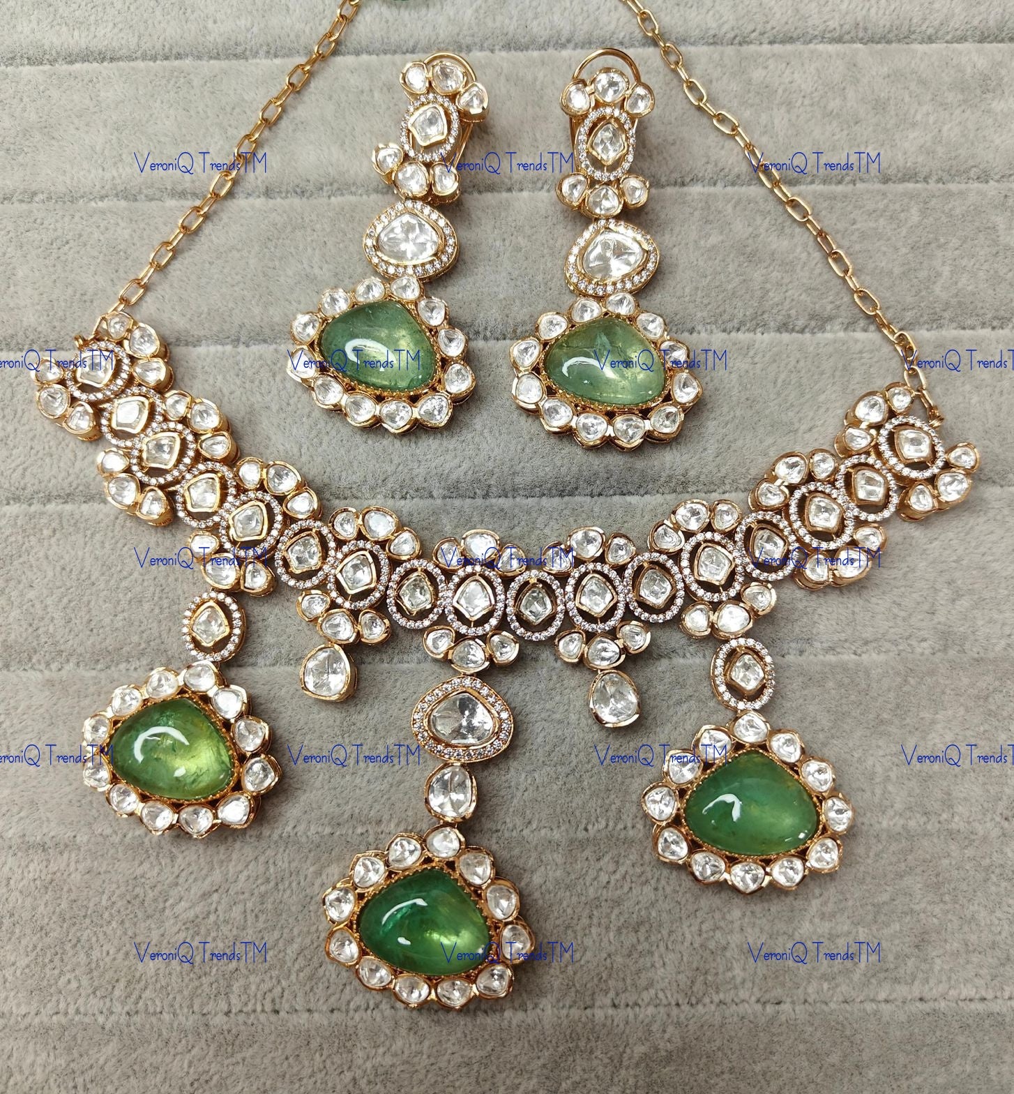 VeroniQ Trends-Victorian Diamond Look And Green Stone Polki Choker Necklace Polki-Gold Plated-Wedding Jewellery-Punjabi Jewellery-South Indian-Thappa Jewellery