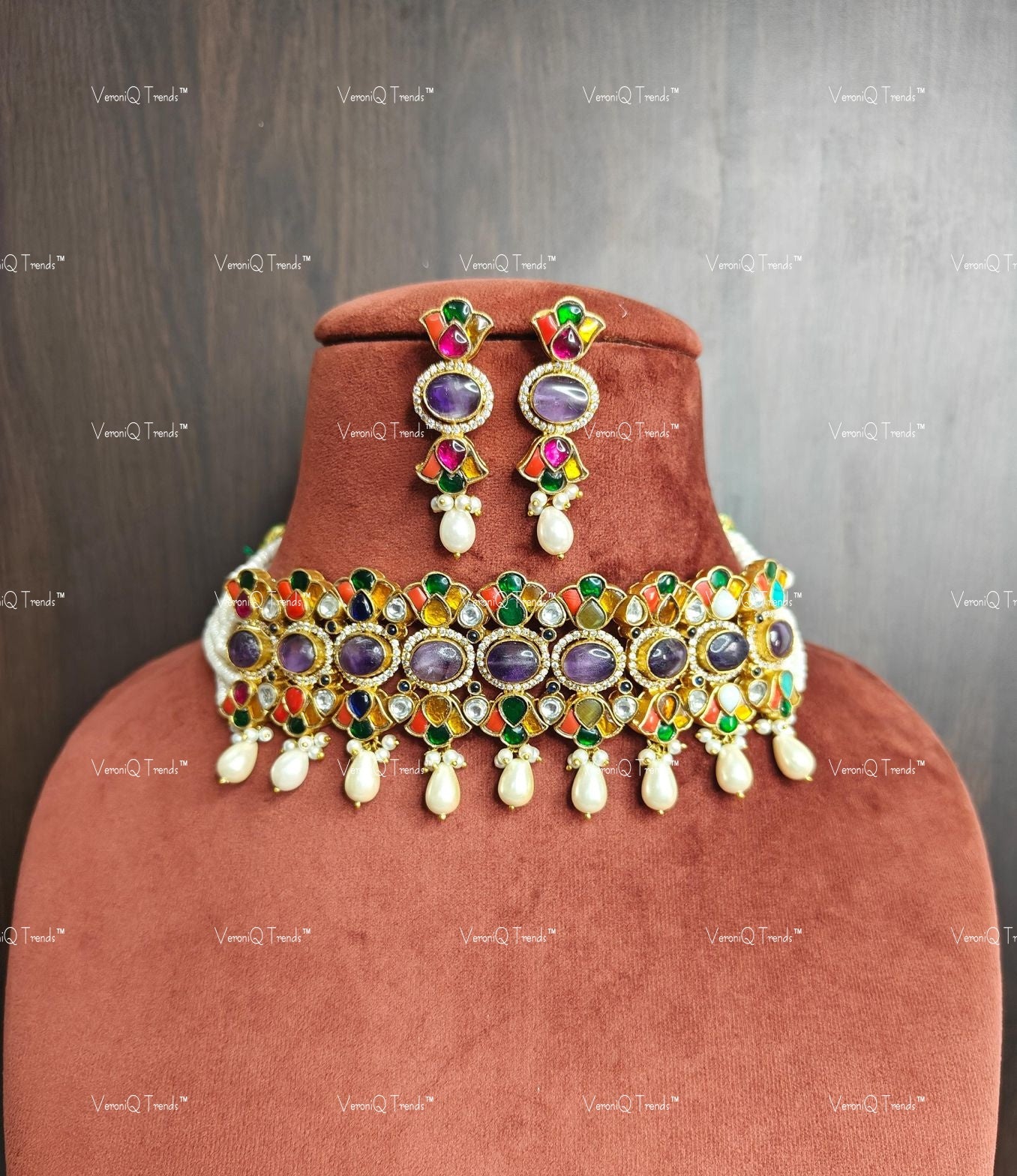 VeroniQ Trends-Traditional Amethyst Stone Pearl and Polki Choker Necklace Polki-Gold Plated-Wedding Jewellery-Punjabi Jewellery-South Indian-Thappa Jewellery