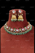 VeroniQ Trends-Traditional Multicolor Polki Choker Necklace with Green Beads Polki-Gold Plated-Wedding Jewellery-Punjabi Jewellery-South Indian-Thappa Jewellery