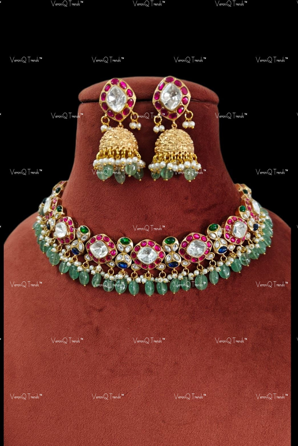 VeroniQ Trends-Traditional Multicolor Polki Choker Necklace with Green Beads Polki-Gold Plated-Wedding Jewellery-Punjabi Jewellery-South Indian-Thappa Jewellery