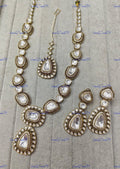 VeroniQ Trends-Victorian Bridal Diamond Look Polki Long Necklace with MaangTika and Earring Polki-Gold Plated-Wedding Jewellery-Punjabi Jewellery-South Indian-Thappa Jewellery