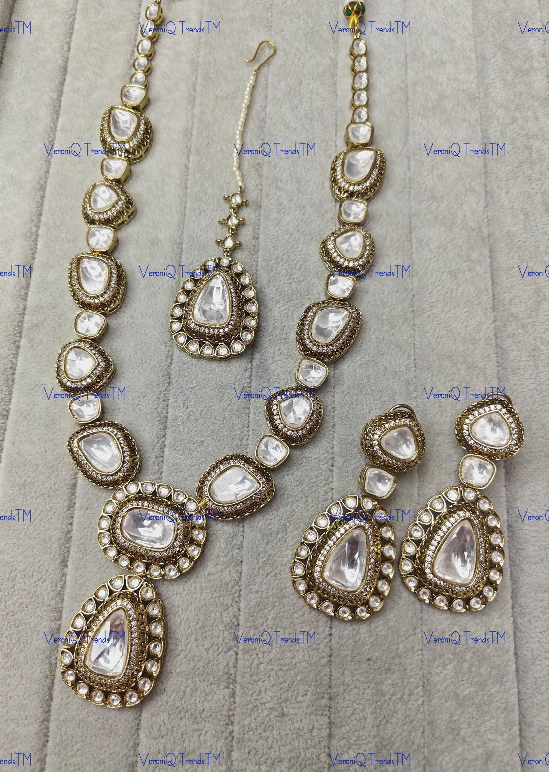 VeroniQ Trends-Victorian Bridal Diamond Look Polki Long Necklace with MaangTika and Earring Polki-Gold Plated-Wedding Jewellery-Punjabi Jewellery-South Indian-Thappa Jewellery