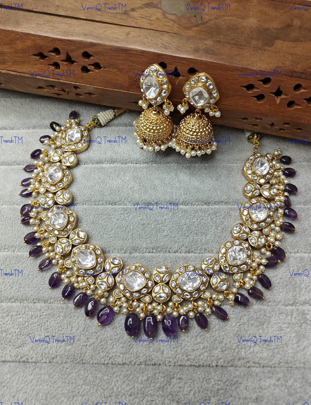 VeroniQ Trends-Traditional Gold Plated Polki Necklace with Sapphire Blue Beads Polki-Gold Plated-Wedding Jewellery-Punjabi Jewellery-South Indian-Thappa Jewellery