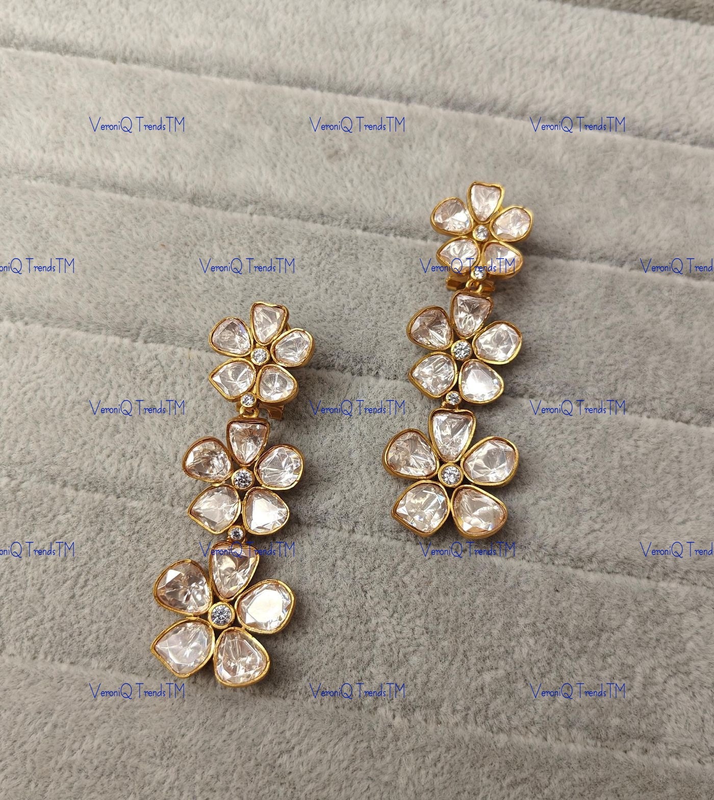 VeroniQ Trends-Traditional Victorian Floral Gold Plated Brass Moissanite Earrings Brass Moissanite-Gold Plated-Wedding Jewellery-Punjabi Jewellery-South Indian-Thappa Jewellery