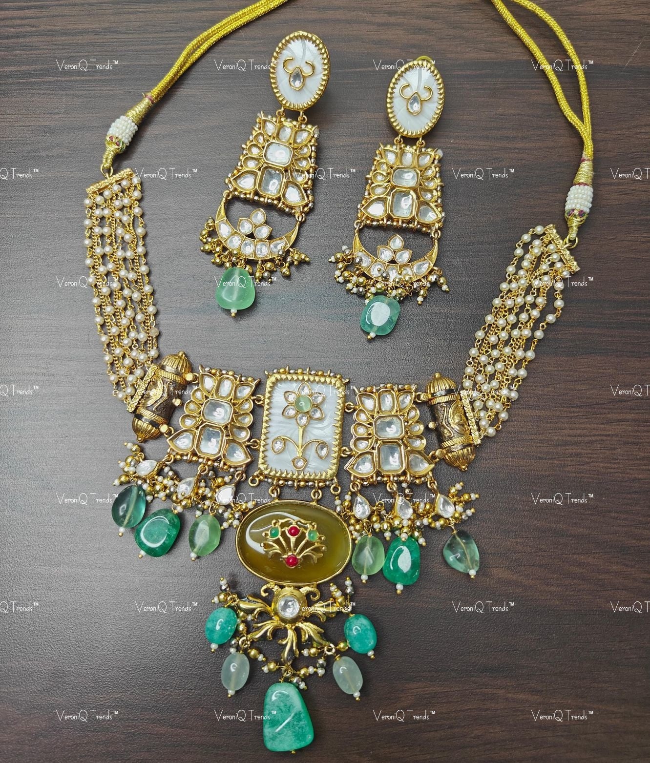 VeroniQ Trends-Elegant Victorian Gold Plated Polki Necklace With Turquoise Blue Beads Polki-Gold Plated-Wedding Jewellery-Punjabi Jewellery-South Indian-Thappa Jewellery