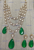 VeroniQ Trends-Victorian Gold Plated Three Layer with Emerald Green Stone Drop Polki Necklace Polki-Gold Plated-Wedding Jewellery-Punjabi Jewellery-South Indian-Thappa Jewellery
