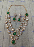 VeroniQ Trends-Victorian Gold Plated Double Layer with Emerald Green Stone Brass Moissanite Necklace Brass Moissanite-Gold Plated-Wedding Jewellery-Punjabi Jewellery-South Indian-Thappa Jewellery