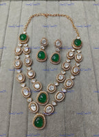 VeroniQ Trends-Victorian Gold Plated Double Layer with Emerald Green Stone Brass Moissanite Necklace Brass Moissanite-Gold Plated-Wedding Jewelry-Punjabi Jewelry-South Indian-Thappa Jewelry
