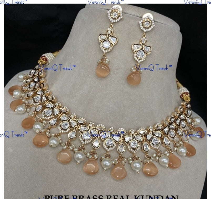 VeroniQ Trends-Victorian Party Wear Kundan Polki Necklace Set Polki-Gold Plated-Wedding Jewellery-Punjabi Jewellery-South Indian-Thappa Jewellery