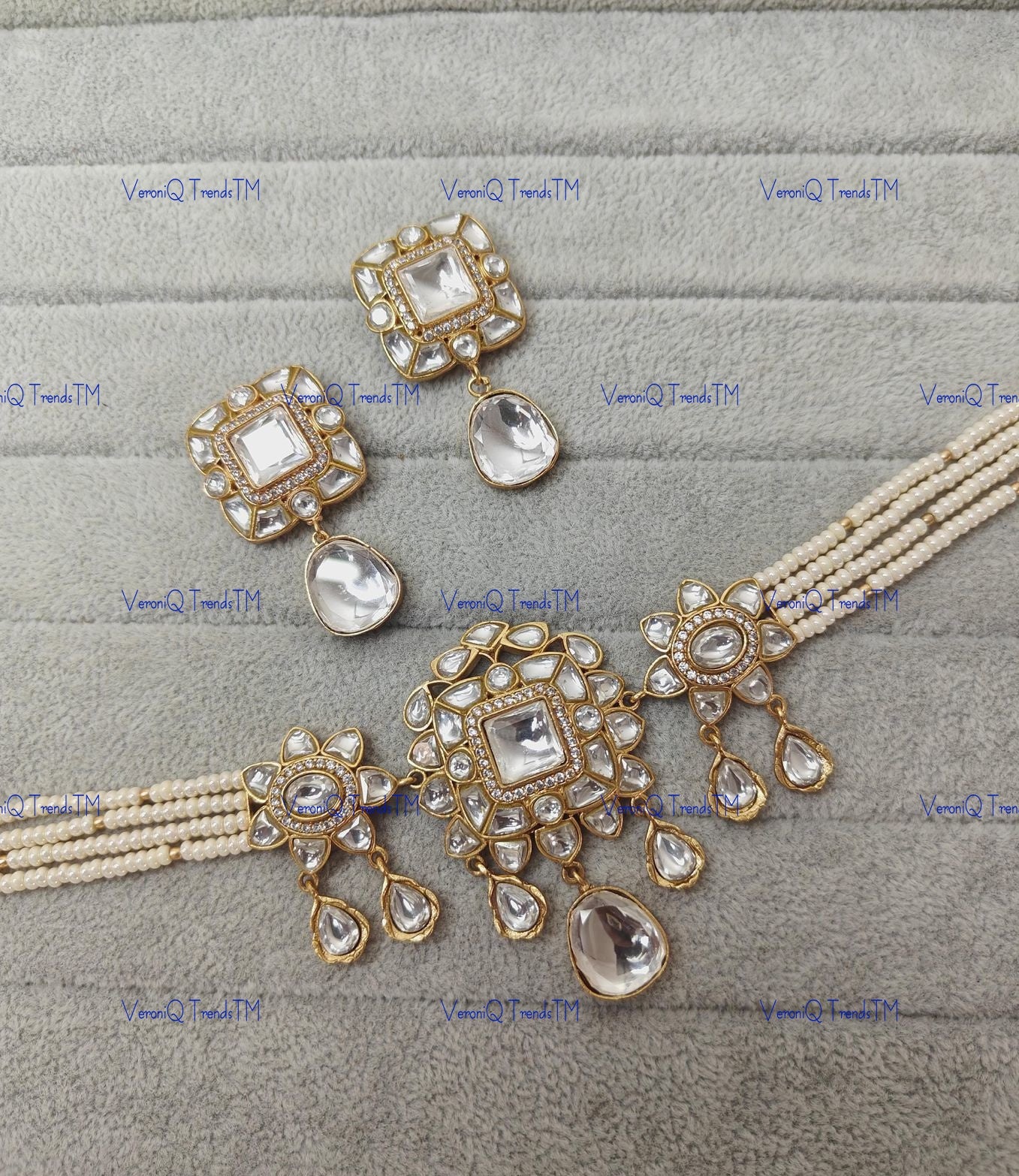 VeroniQ Trends-Victorian Gold Plated Multistrand Pearl Beaded Polki Choker Necklace Polki-Gold Plated-Wedding Jewellery-Punjabi Jewellery-South Indian-Thappa Jewellery