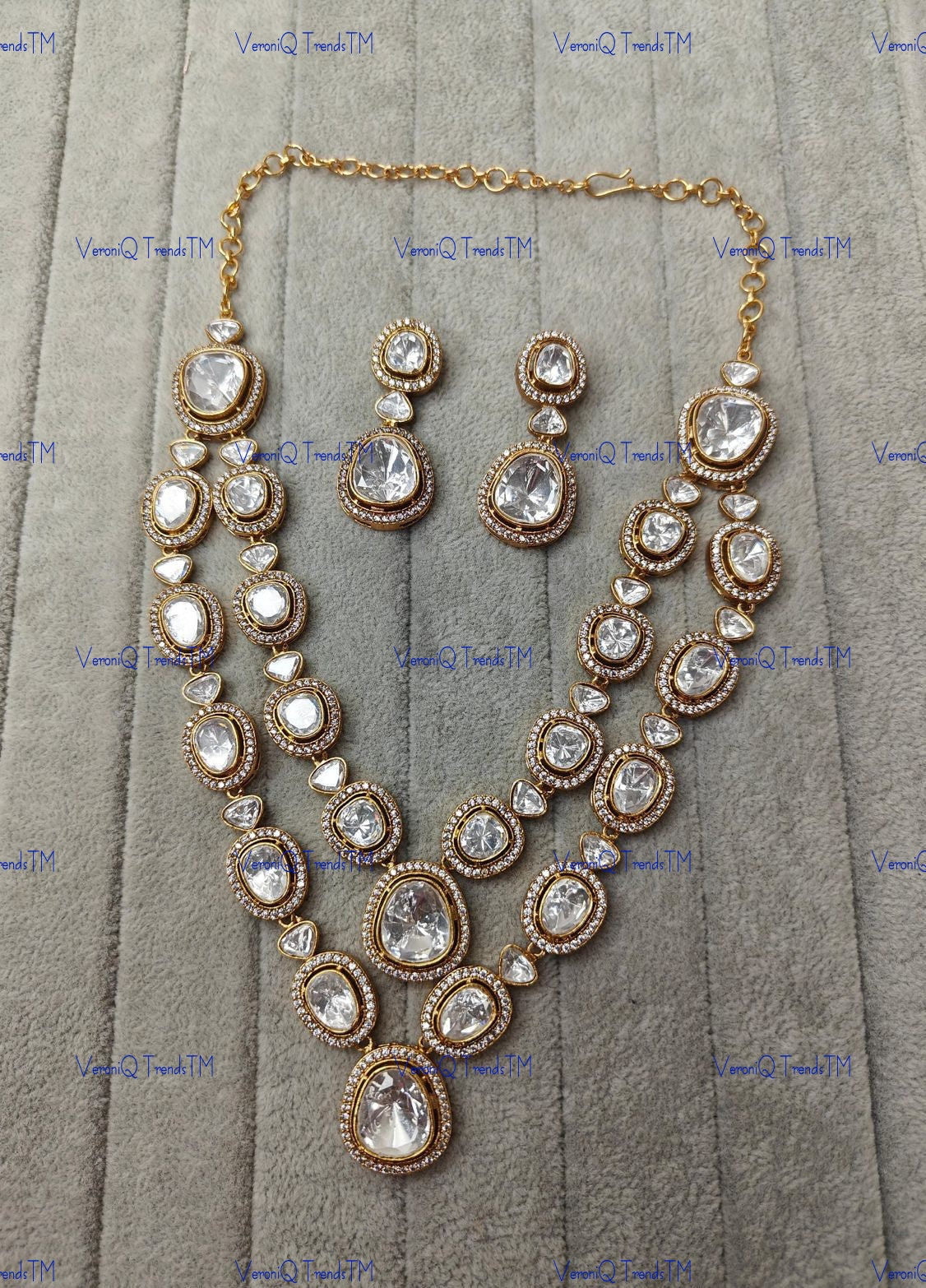 VeroniQ Trends-Victorian Gold Plated Double Layer with Emerald Green Stone Brass Moissanite Necklace Brass Moissanite-Gold Plated-Wedding Jewellery-Punjabi Jewellery-South Indian-Thappa Jewellery