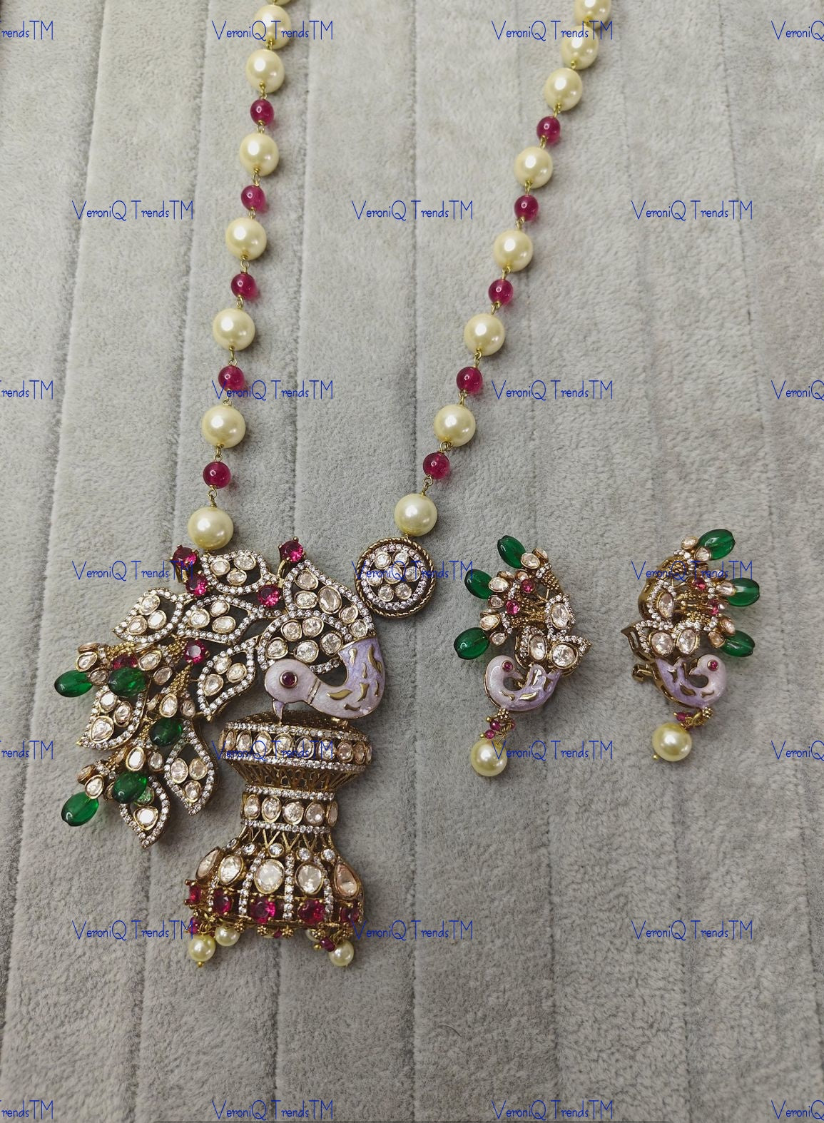 VeroniQ Trends-Victorian Peacock Design Gold Plated Pearl and Pink Beaded Long Polki Necklace Polki-Gold Plated-Wedding Jewellery-Punjabi Jewellery-South Indian-Thappa Jewellery