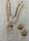 VeroniQ Trends-Victorian Double Line Gold Plated Navaratan Pearl Polki Long Necklace Polki-Gold Plated-Wedding Jewellery-Punjabi Jewellery-South Indian-Thappa Jewellery