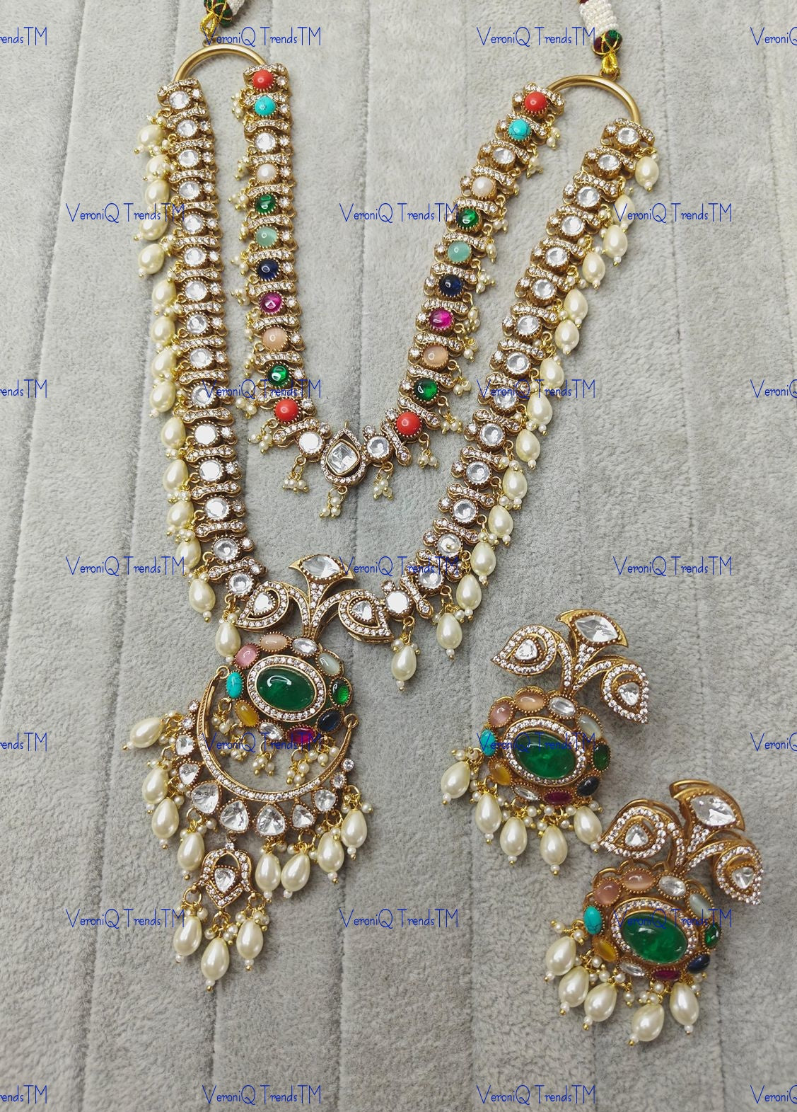 VeroniQ Trends-Victorian Double Line Gold Plated Navaratan Pearl Polki Long Necklace Polki-Gold Plated-Wedding Jewellery-Punjabi Jewellery-South Indian-Thappa Jewellery