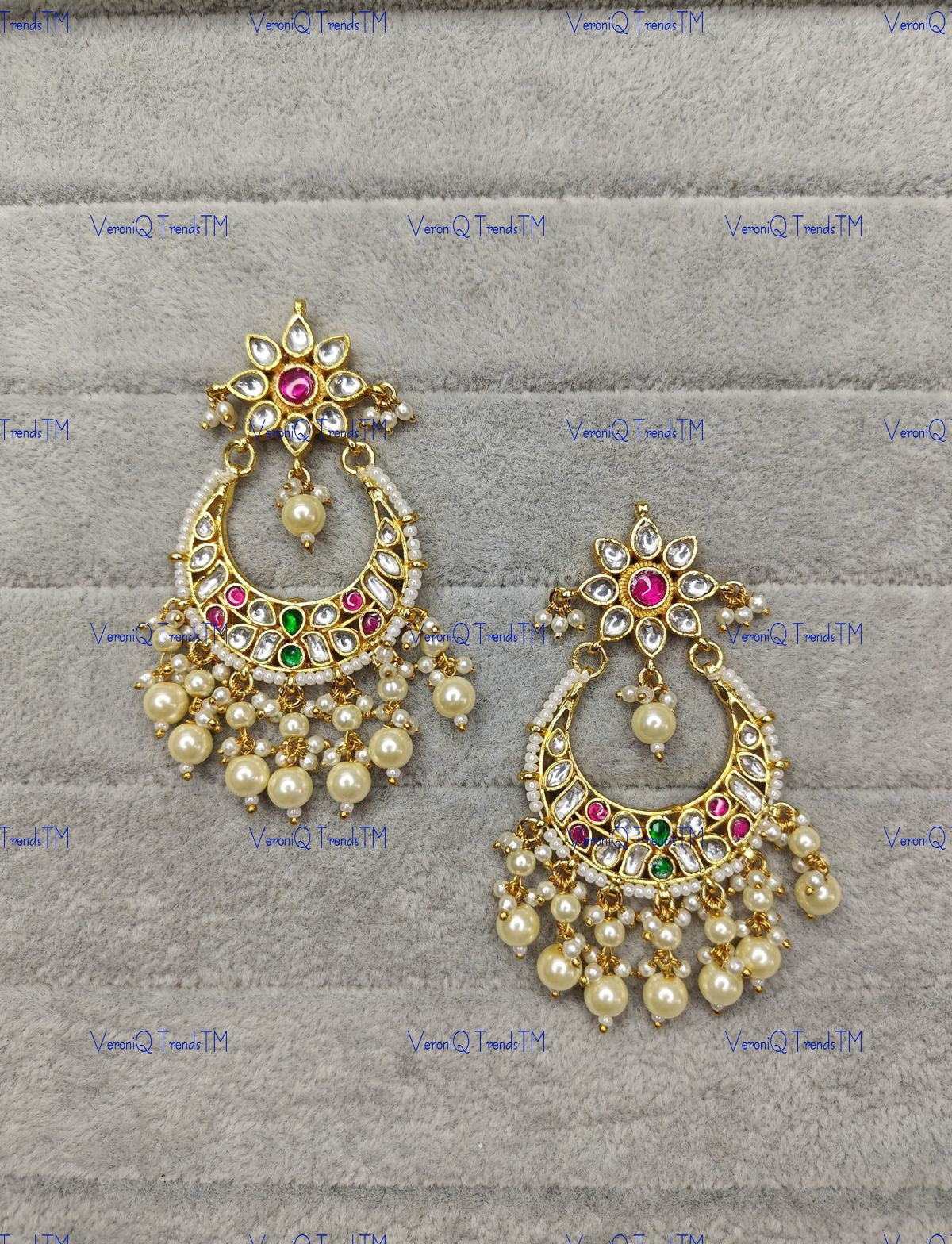 VeroniQ Trends-Victorian Chandbali Style Gold Plated Earrings Polki-Gold Plated-Wedding Jewellery-Punjabi Jewellery-South Indian-Thappa Jewellery