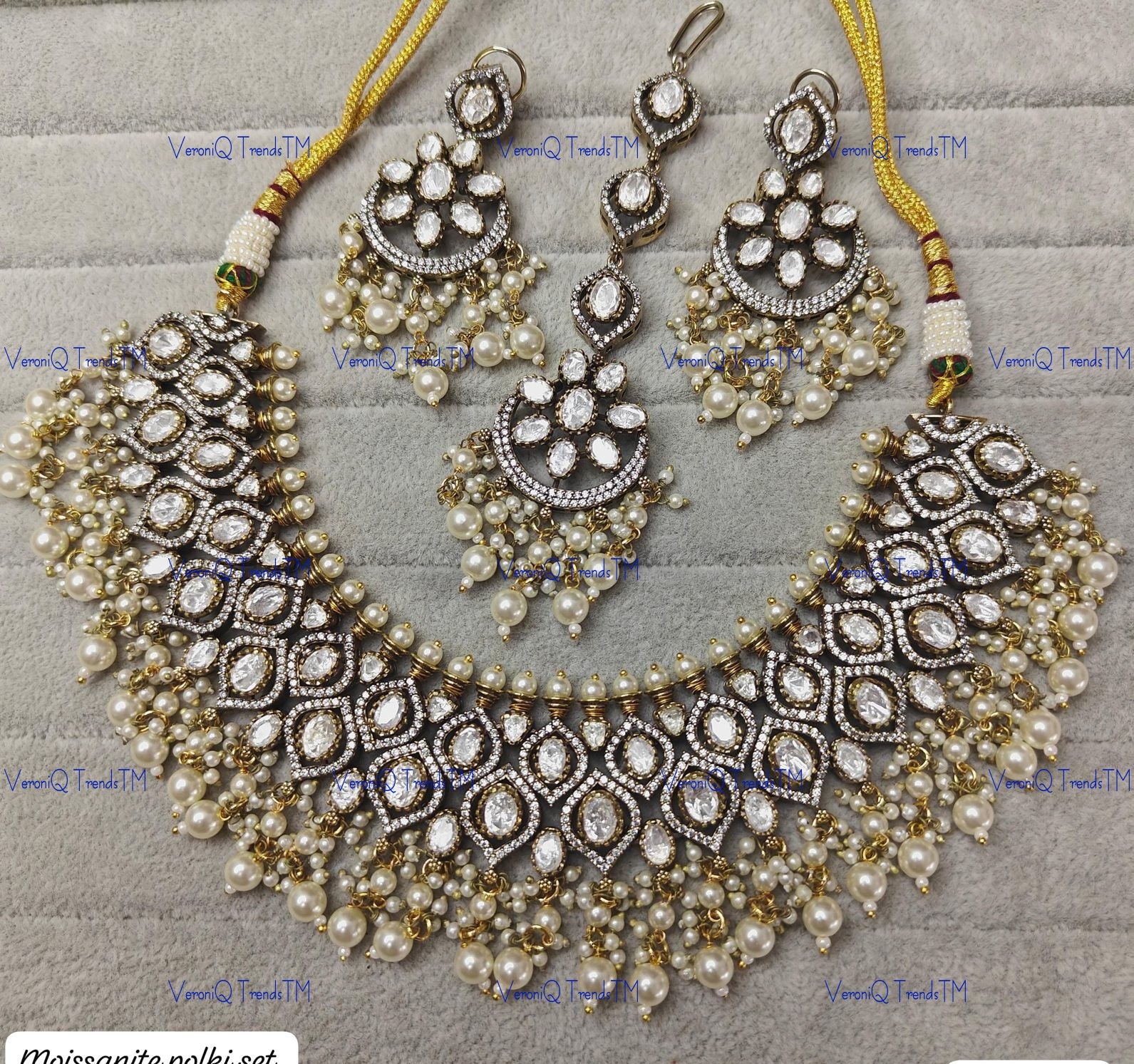VeroniQ Trends-Victorian Bridal Gold Plated Diamond Look and Pearl Choker Polki Necklace Polki-Gold Plated-Wedding Jewellery-Punjabi Jewellery-South Indian-Thappa Jewellery