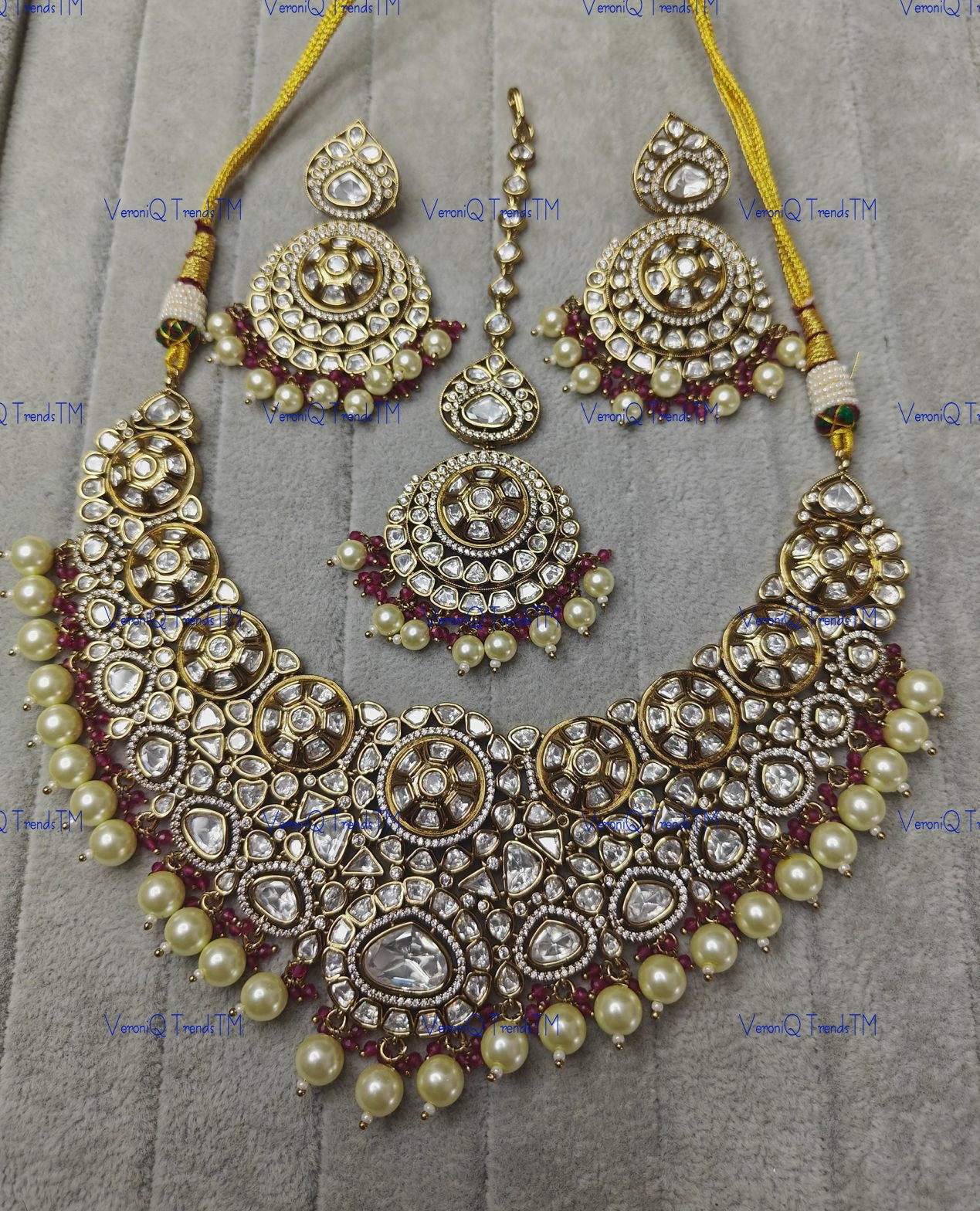 VeroniQ Trends-Victorian Bridal Gold Plated Pearl Choker Polki Necklace Polki-Gold Plated-Wedding Jewellery-Punjabi Jewellery-South Indian-Thappa Jewellery
