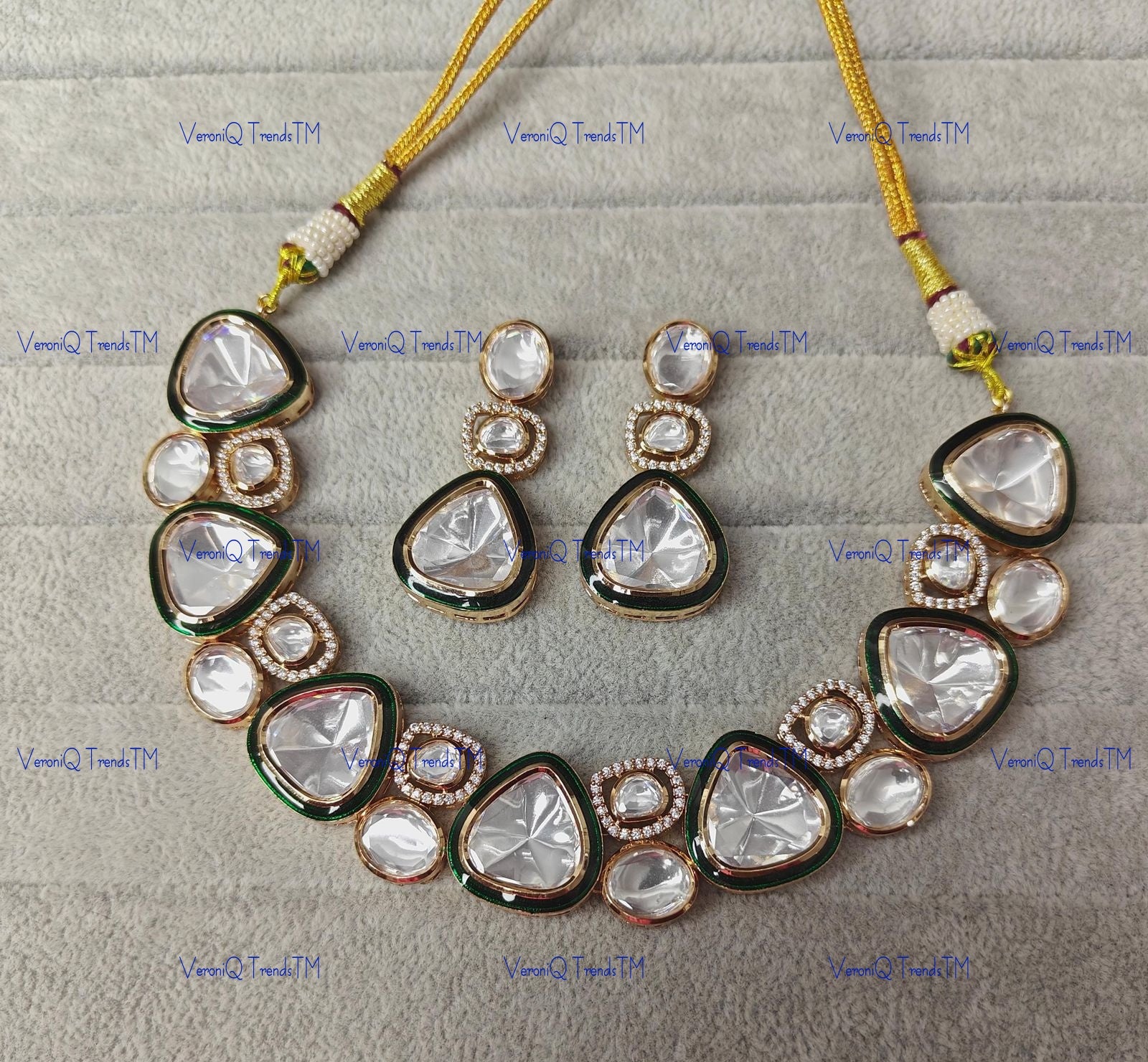 VeroniQ Trends-Victorian Gold Plated Green Meenakari and Polki Choker Necklace Polki-Gold Plated-Wedding Jewellery-Punjabi Jewellery-South Indian-Thappa Jewellery