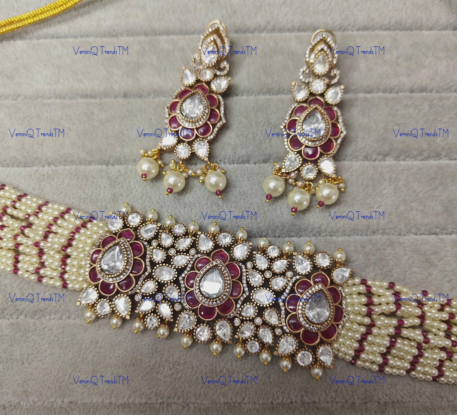 VeroniQ Trends-Traditional Victorian Gold Plated Multistrand Polki Choker Necklace Polki-Gold Plated-Wedding Jewellery-Punjabi Jewellery-South Indian-Thappa Jewellery
