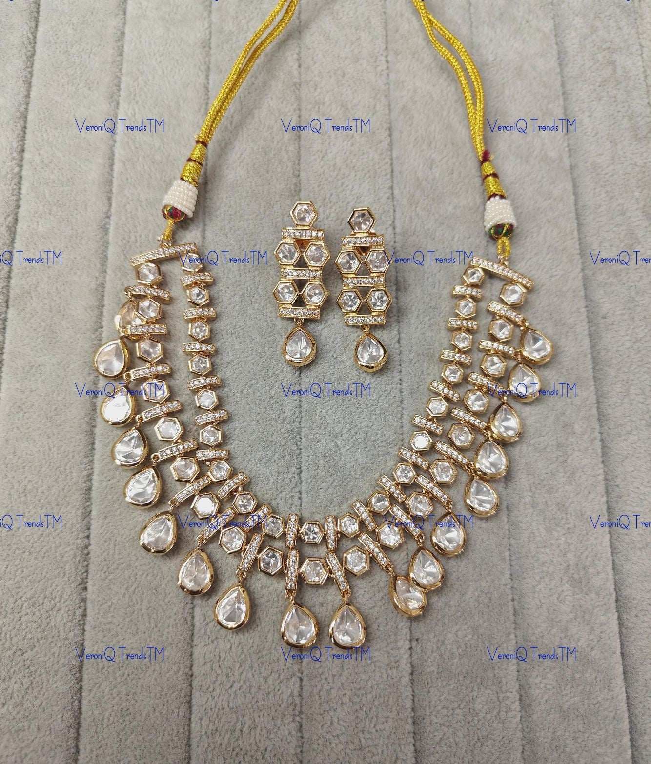 VeroniQ Trends-Traditional Victorian Double Layer Gold Plated Brass Moissanite Necklace Brass Moissanite-Gold Plated-Wedding Jewellery-Punjabi Jewellery-South Indian-Thappa Jewellery