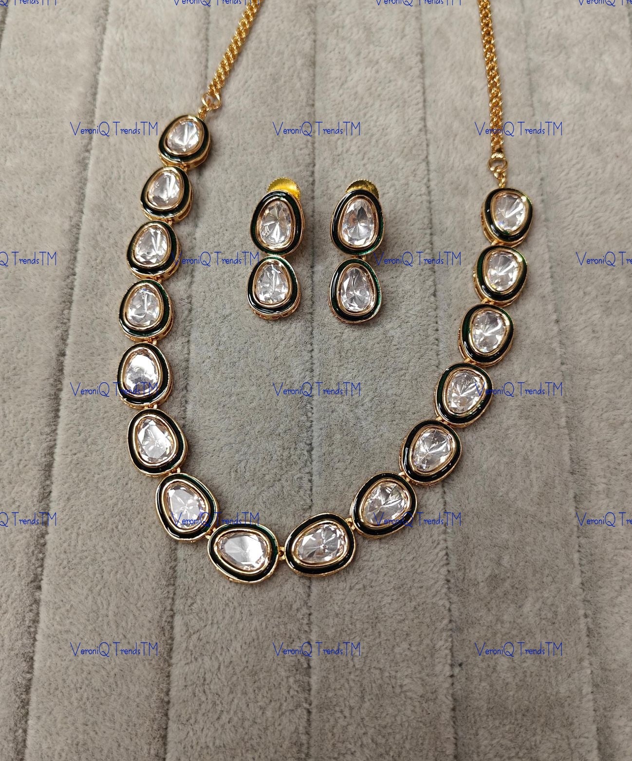 VeroniQ Trends-Victorian Party Wear Meenakari Gold Plated Polki Necklace Polki-Gold Plated-Wedding Jewellery-Punjabi Jewellery-South Indian-Thappa Jewellery