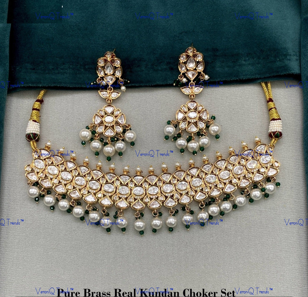 VeroniQ Trends-Elegant Pearl And Kundan Polki Choker Necklace Polki-Fresh Water Paerl-Gold Plated-Wedding Jewellery-Punjabi Jewellery-South Indian-Thappa Jewellery
