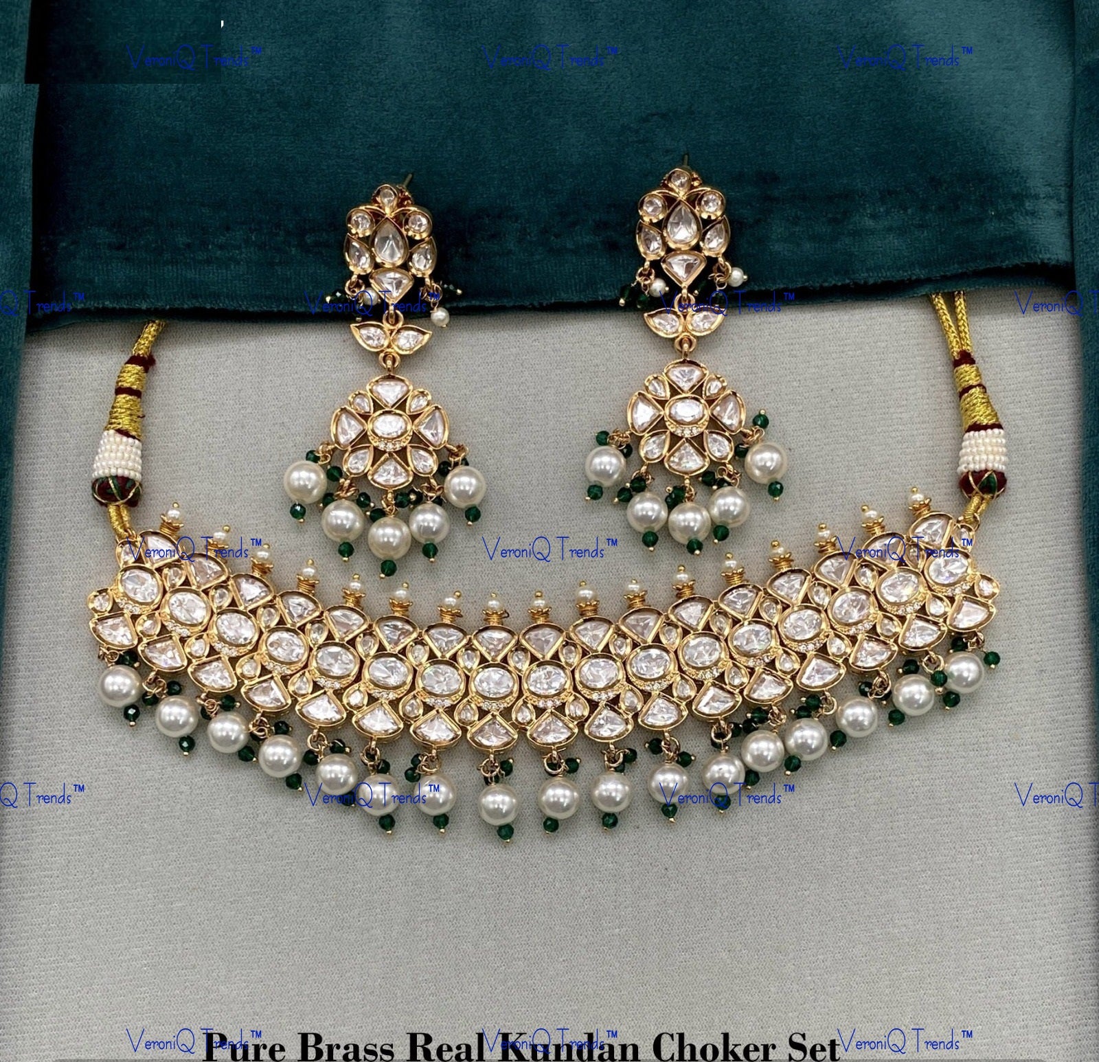 VeroniQ Trends-Elegant Pearl And Kundan Polki Choker Necklace Polki-Fresh Water Paerl-Gold Plated-Wedding Jewellery-Punjabi Jewellery-South Indian-Thappa Jewellery