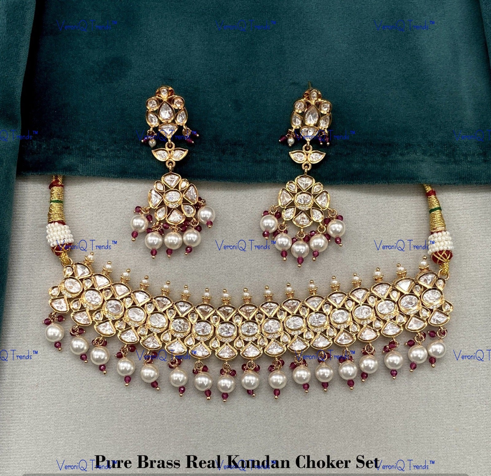 VeroniQ Trends-Elegant Pearl And Kundan Polki Choker Necklace Polki-Fresh Water Paerl-Gold Plated-Wedding Jewellery-Punjabi Jewellery-South Indian-Thappa Jewellery