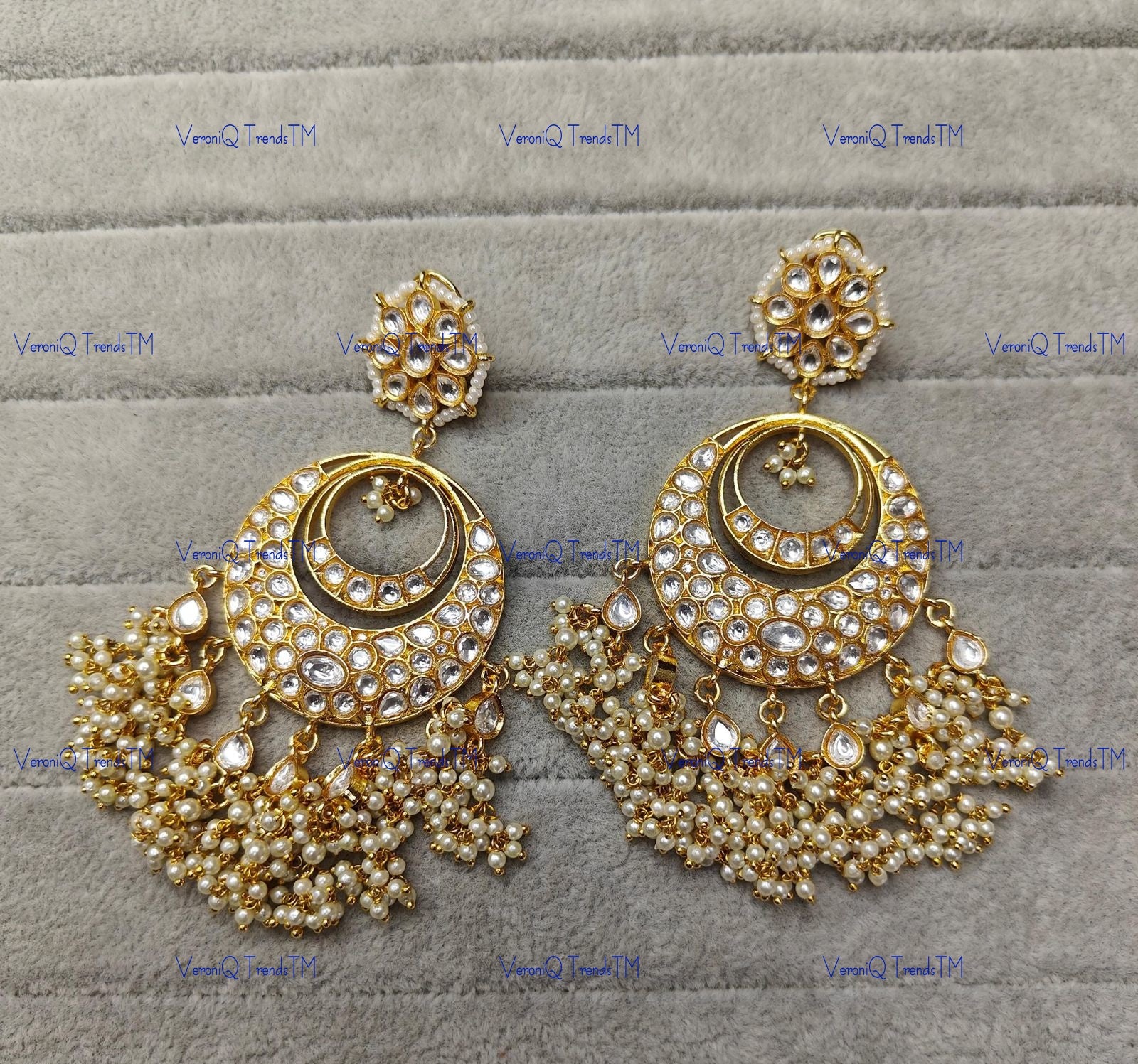 VeroniQ Trends-Traditional Victorian Gold Plated Polki Chandbali Earrings Polki-Gold Plated-Wedding Jewellery-Punjabi Jewellery-South Indian-Thappa Jewellery