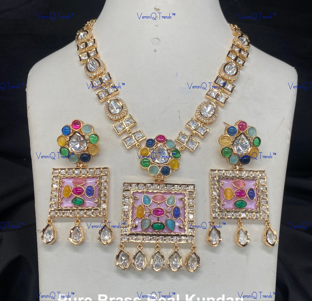 VeroniQ Trends-Elegant Gold Plated Meenakari Kundan Polki Long Necklace Kundan-Gold Plated-Wedding Jewellery-Punjabi Jewellery-South Indian-Thappa Jewellery