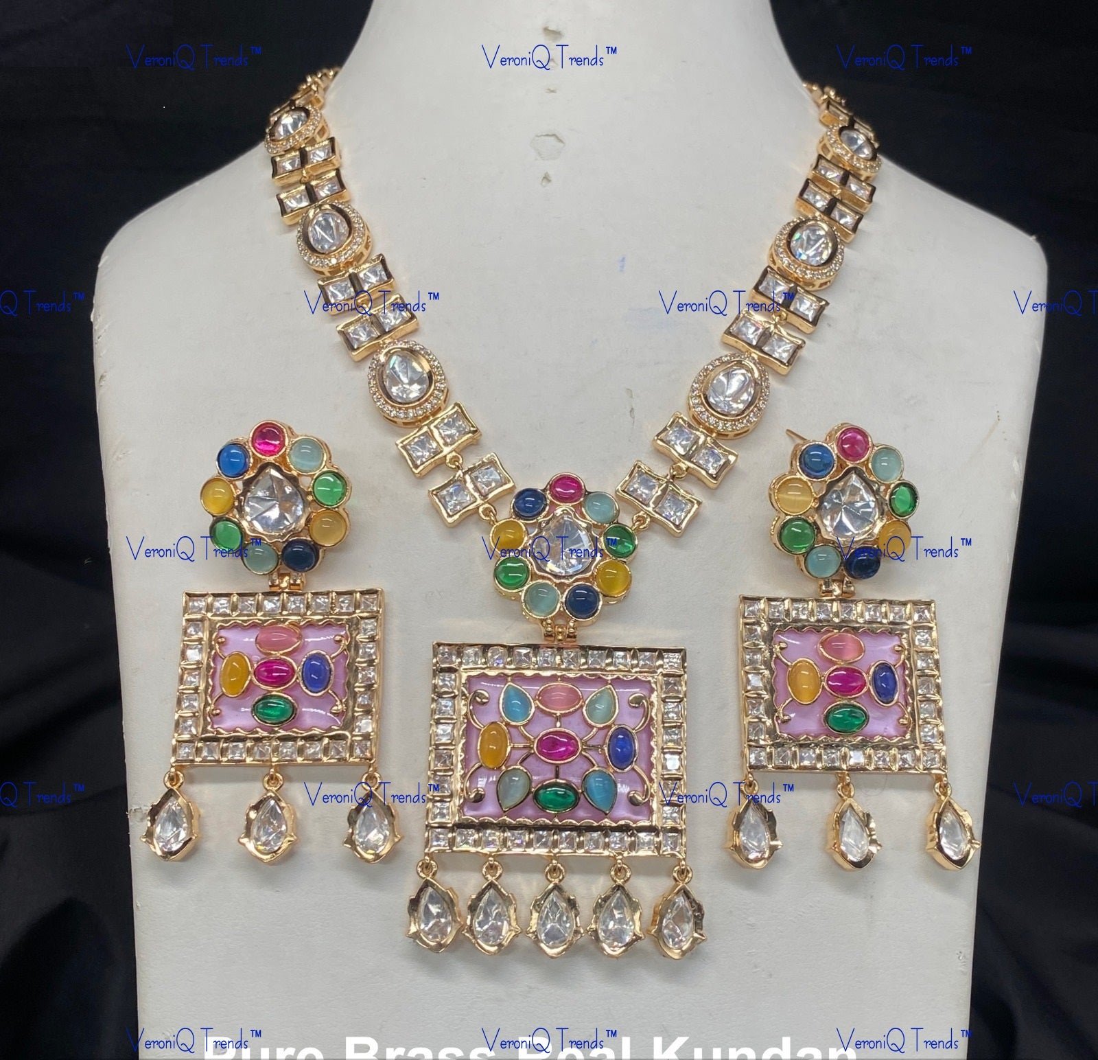 VeroniQ Trends-Elegant Gold Plated Meenakari Kundan Polki Long Necklace Kundan-Gold Plated-Wedding Jewellery-Punjabi Jewellery-South Indian-Thappa Jewellery
