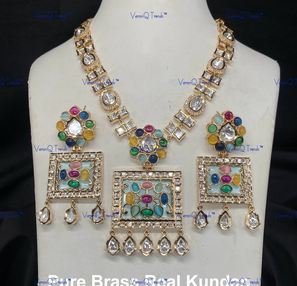 VeroniQ Trends-Elegant Gold Plated Meenakari Kundan Polki Long Necklace Kundan-Gold Plated-Wedding Jewellery-Punjabi Jewellery-South Indian-Thappa Jewellery