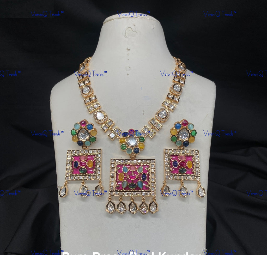 VeroniQ Trends-Elegant Gold Plated Meenakari Kundan Polki Long Necklace Kundan-Gold Plated-Wedding Jewellery-Punjabi Jewellery-South Indian-Thappa Jewellery