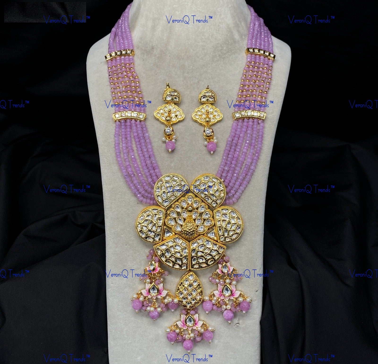 VeroniQ Trends-Elegant Gold Plated Floral Multistrand Blue Beads Peacock Design Kundan Polki Long Necklace Kundan-Gold Plated-Wedding Jewellery-Punjabi Jewellery-South Indian-Thappa Jewellery