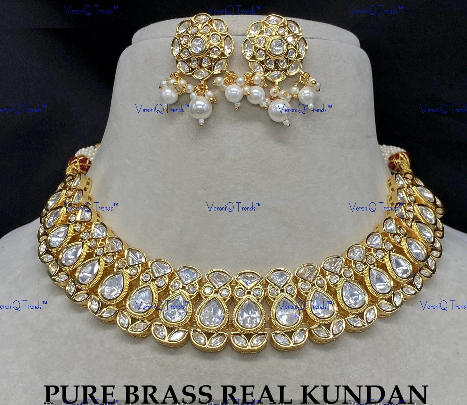 VeroniQ Trends-Victorian Gold Plated Pearl And Kundan Polki Choker Necklace Polki-Fresh Water Paerl-Gold Plated-Wedding Jewellery-Punjabi Jewellery-South Indian-Thappa Jewellery