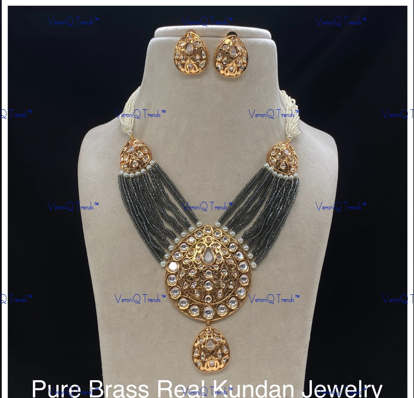 VeroniQ Trends-Victorian Gold Plated Multistrand Kundan Polki Long Necklace Polki-Gold Plated-Wedding Jewellery-Punjabi Jewellery-South Indian-Thappa Jewellery