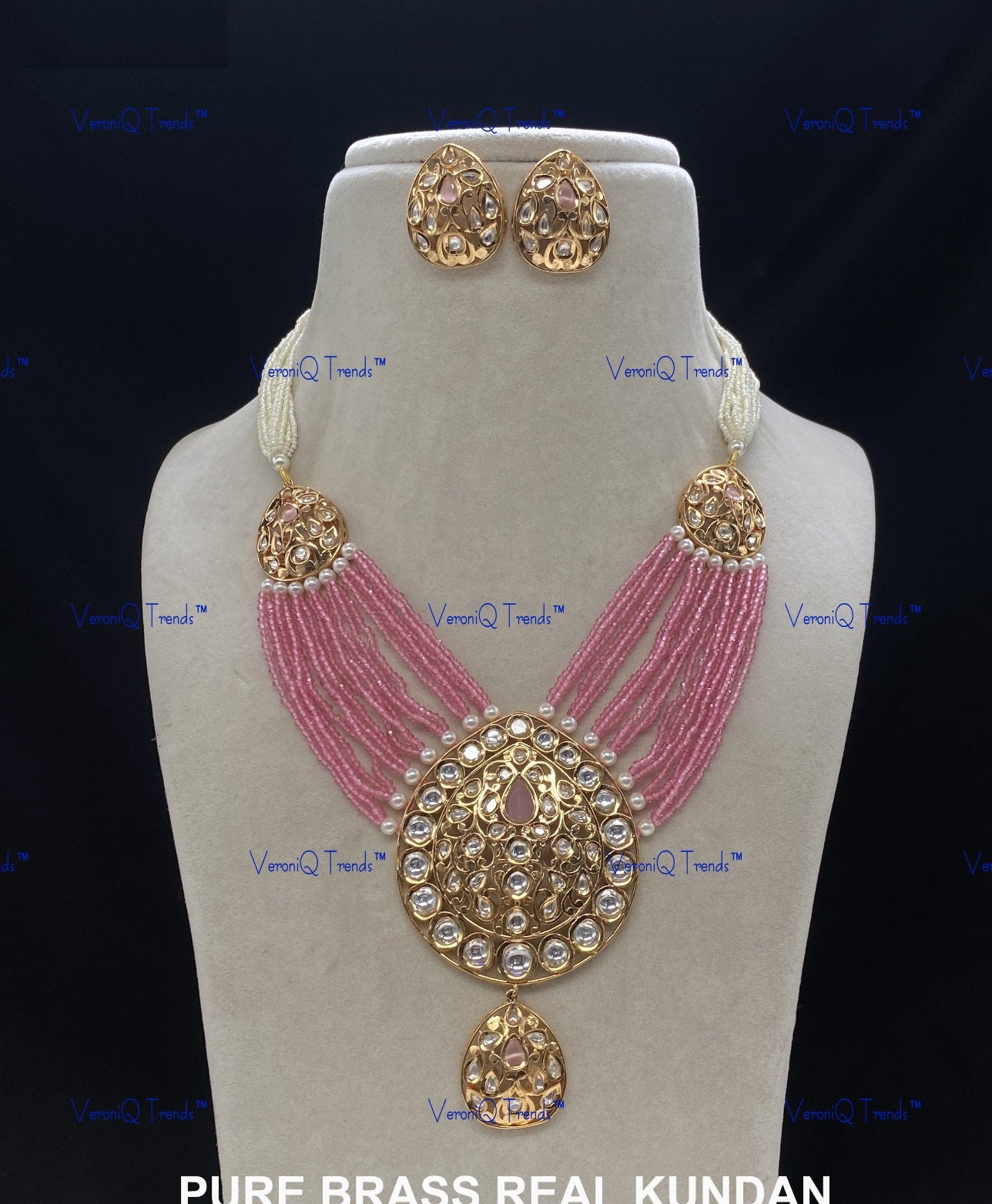 VeroniQ Trends-Victorian Gold Plated Multistrand Kundan Polki Long Necklace Polki-Gold Plated-Wedding Jewellery-Punjabi Jewellery-South Indian-Thappa Jewellery