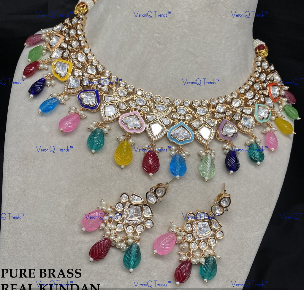 VeroniQ Trends-Victorian Gold Plated Beaded Kundan Polki Necklace Polki-Gold Plated-Wedding Jewellery-Punjabi Jewellery-South Indian-Thappa Jewellery