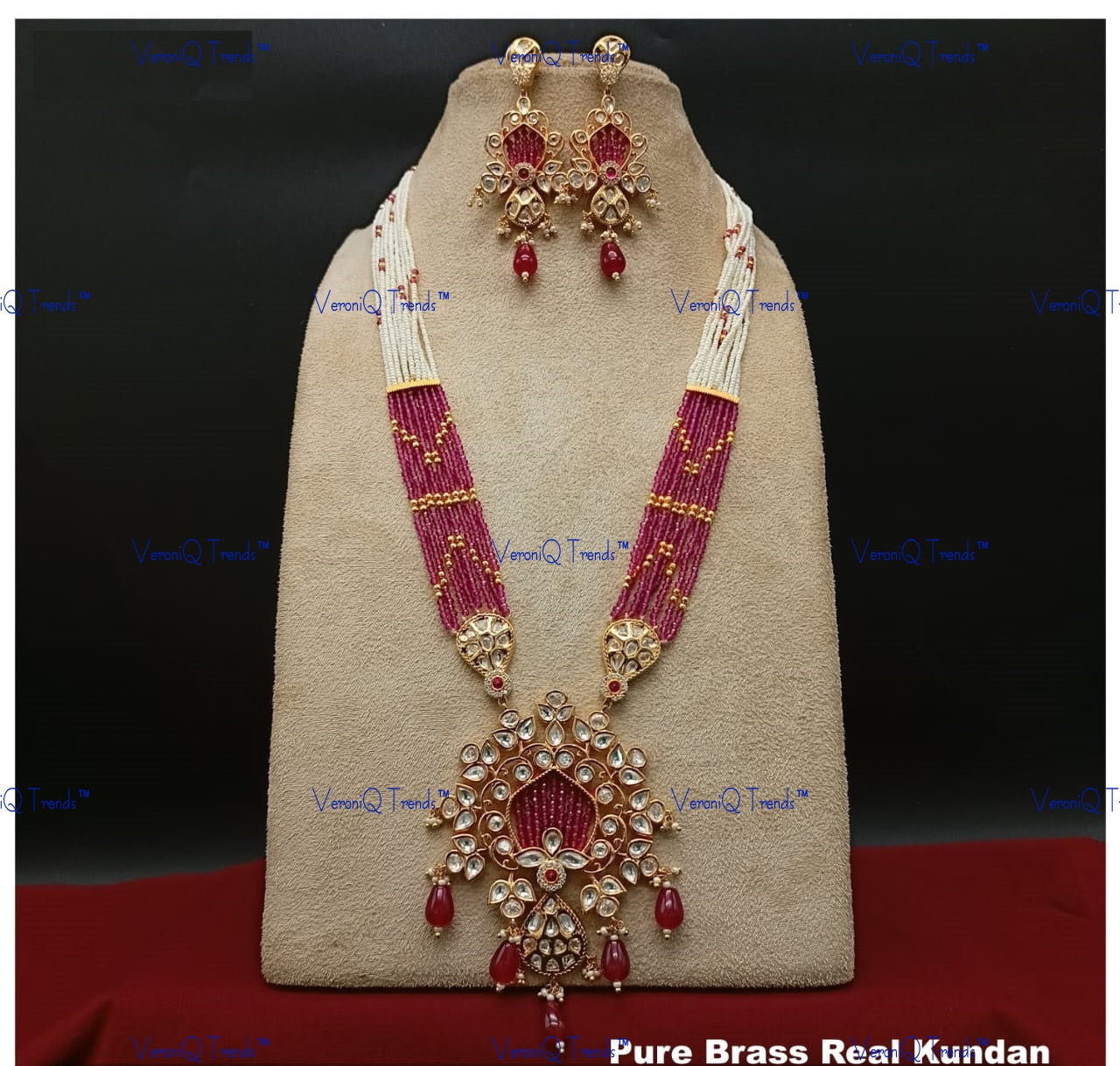 VeroniQ Trends-Victorian Gold Plated Multistrand With Ruby Pink Beads Kundan Polki Long Necklace Polki-Gold Plated-Wedding Jewellery-Punjabi Jewellery-South Indian-Thappa Jewellery