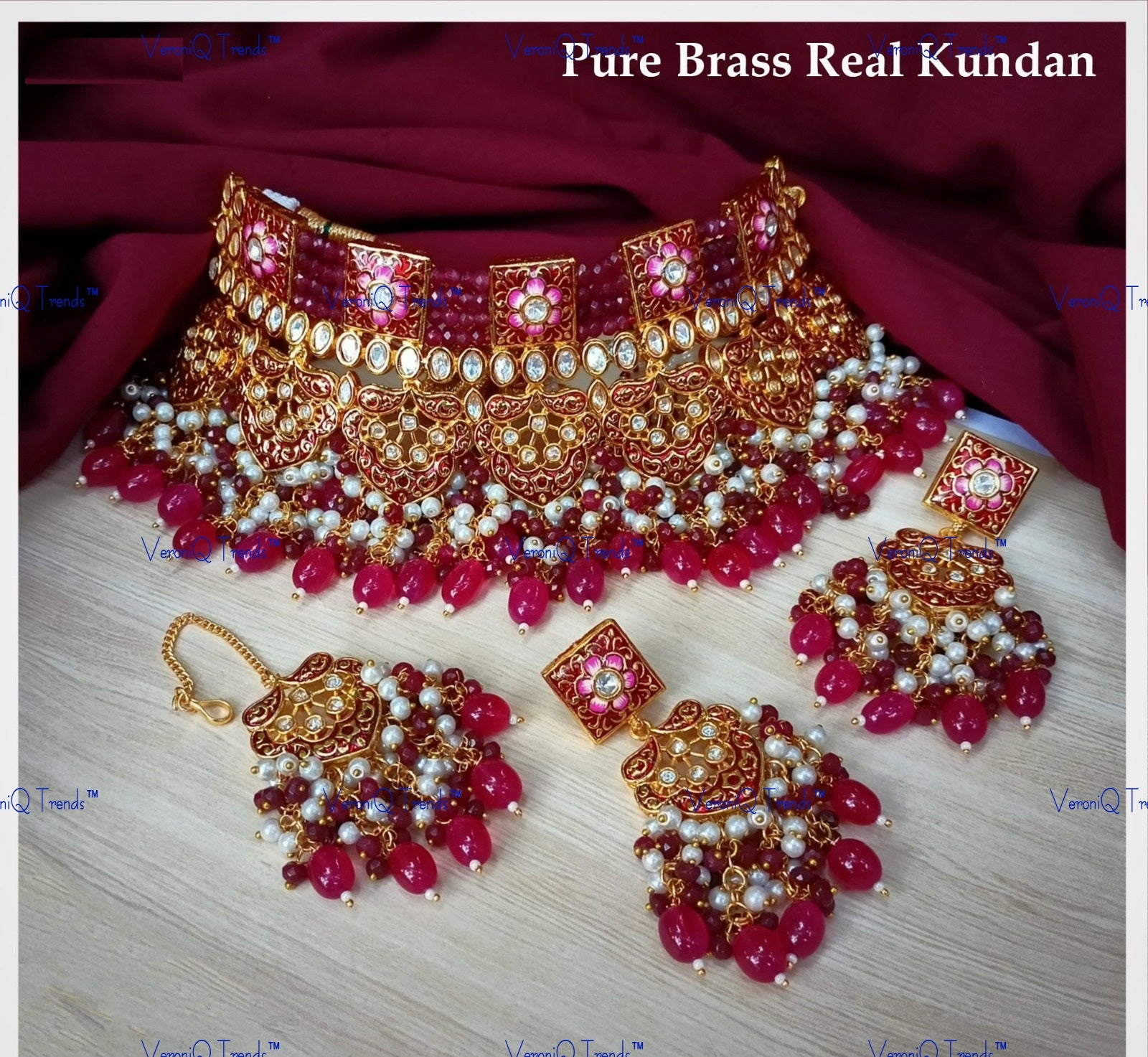 VeroniQ Trends-Bridal Meenakari Pearl And Kundan Polki With Ruby Pink Beads Kundan Polki Choker Necklace Polki-Gold Plated-Wedding Jewellery-Punjabi Jewellery-South Indian-Thappa Jewellery