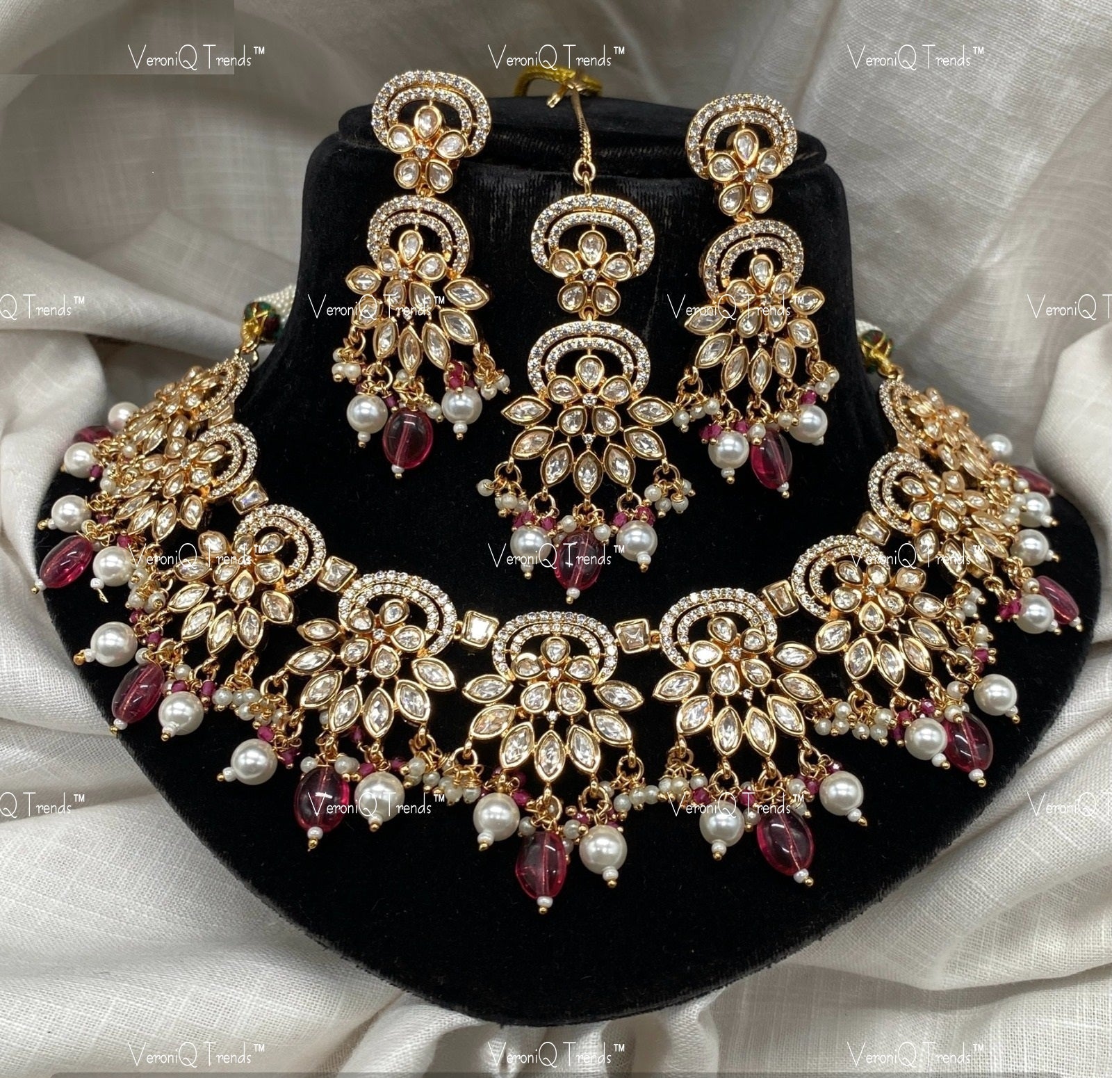 VeroniQ Trends-Beautiful Floral Design Gold Plated Kundan Polki Choker Necklace Kundan-Gold Plated-Wedding Jewellery-Punjabi Jewellery-South Indian-Thappa Jewellery
