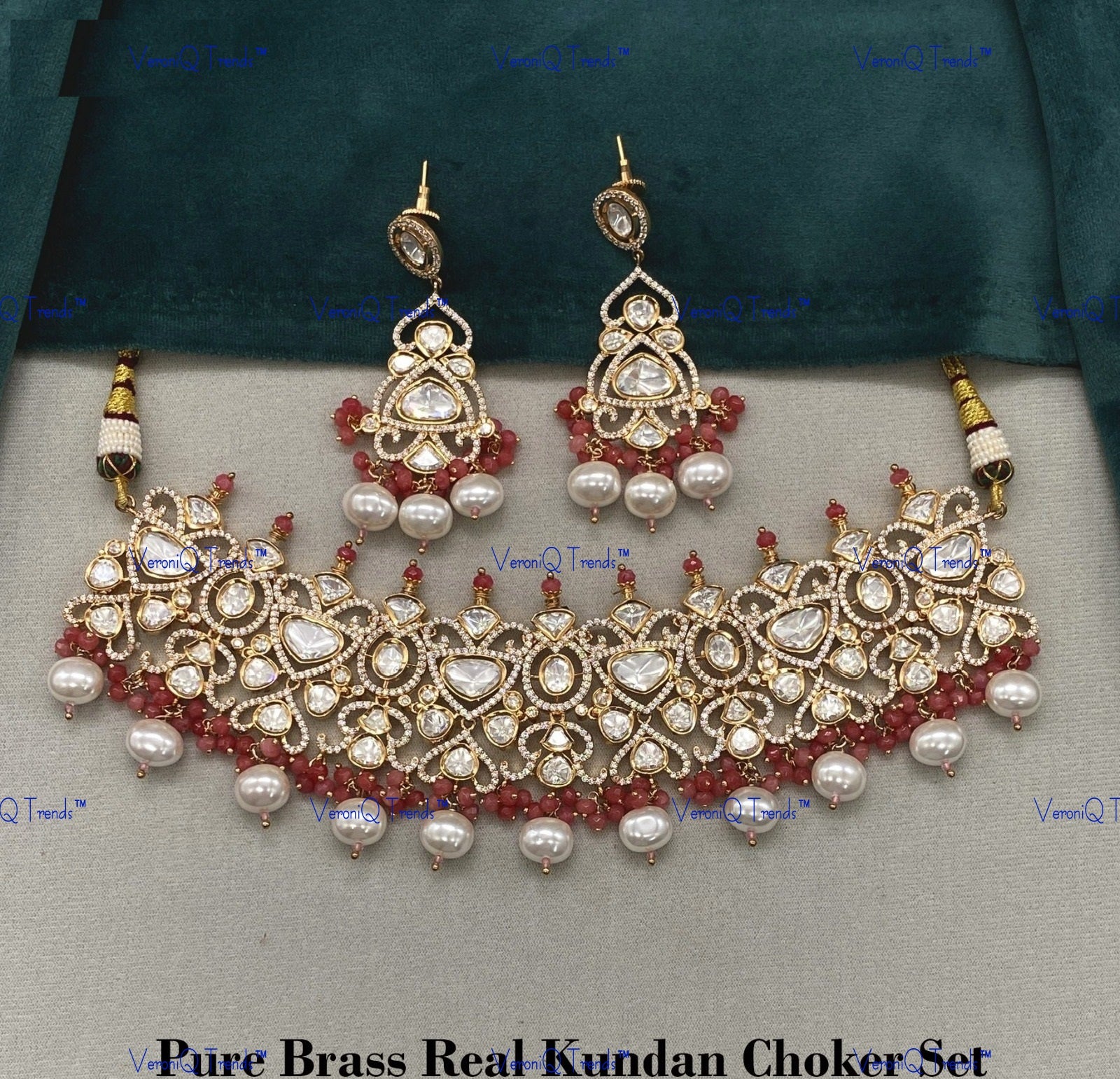 VeroniQ Trends-Kundan Polki And Pearl With CZ Stone Kundan Polki Choker Necklace Polki-Gold Plated-Wedding Jewellery-Punjabi Jewellery-South Indian-Thappa Jewellery