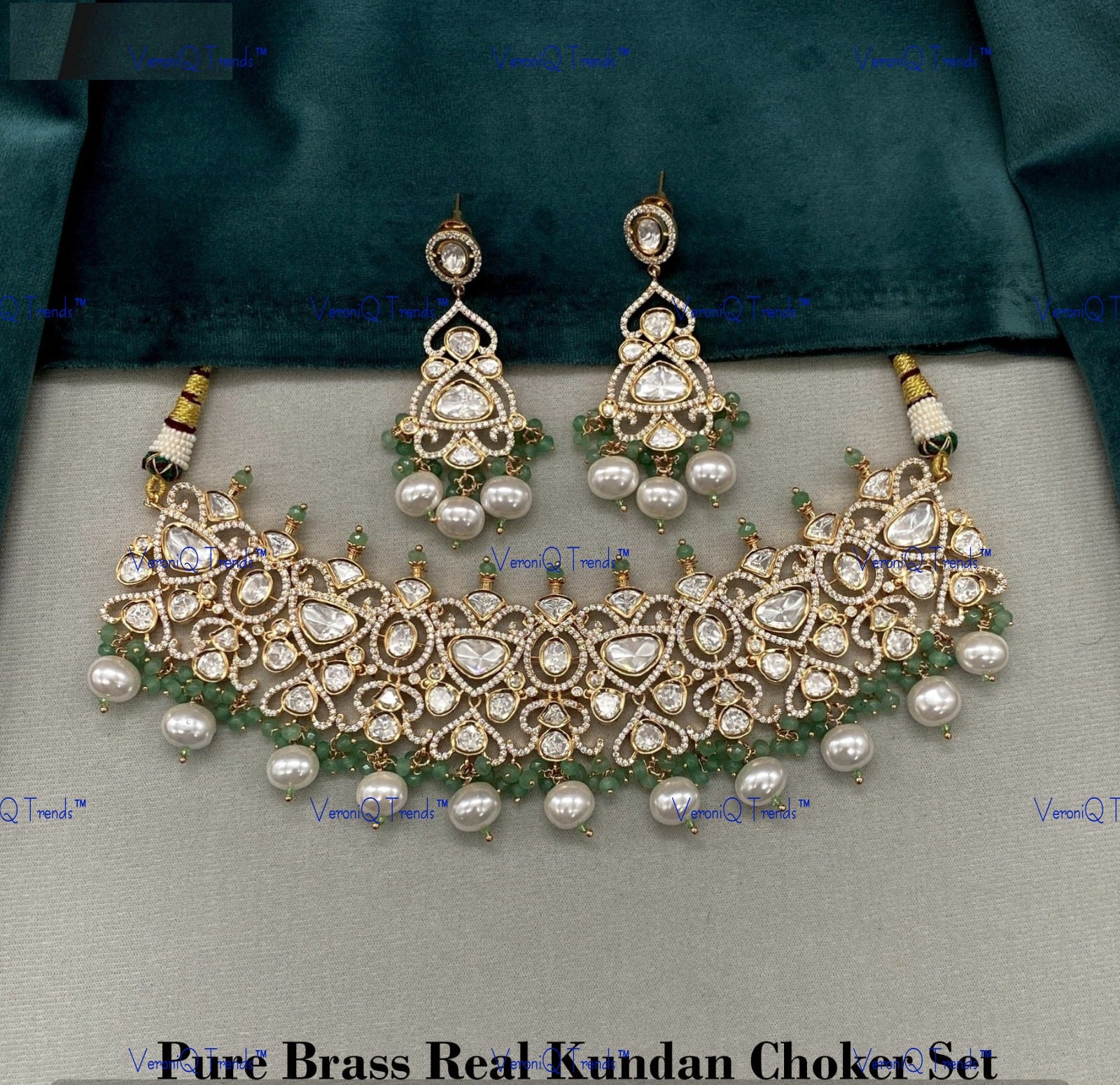 VeroniQ Trends-Kundan Polki And Pearl With CZ Stone Kundan Polki Choker Necklace Polki-Gold Plated-Wedding Jewellery-Punjabi Jewellery-South Indian-Thappa Jewellery