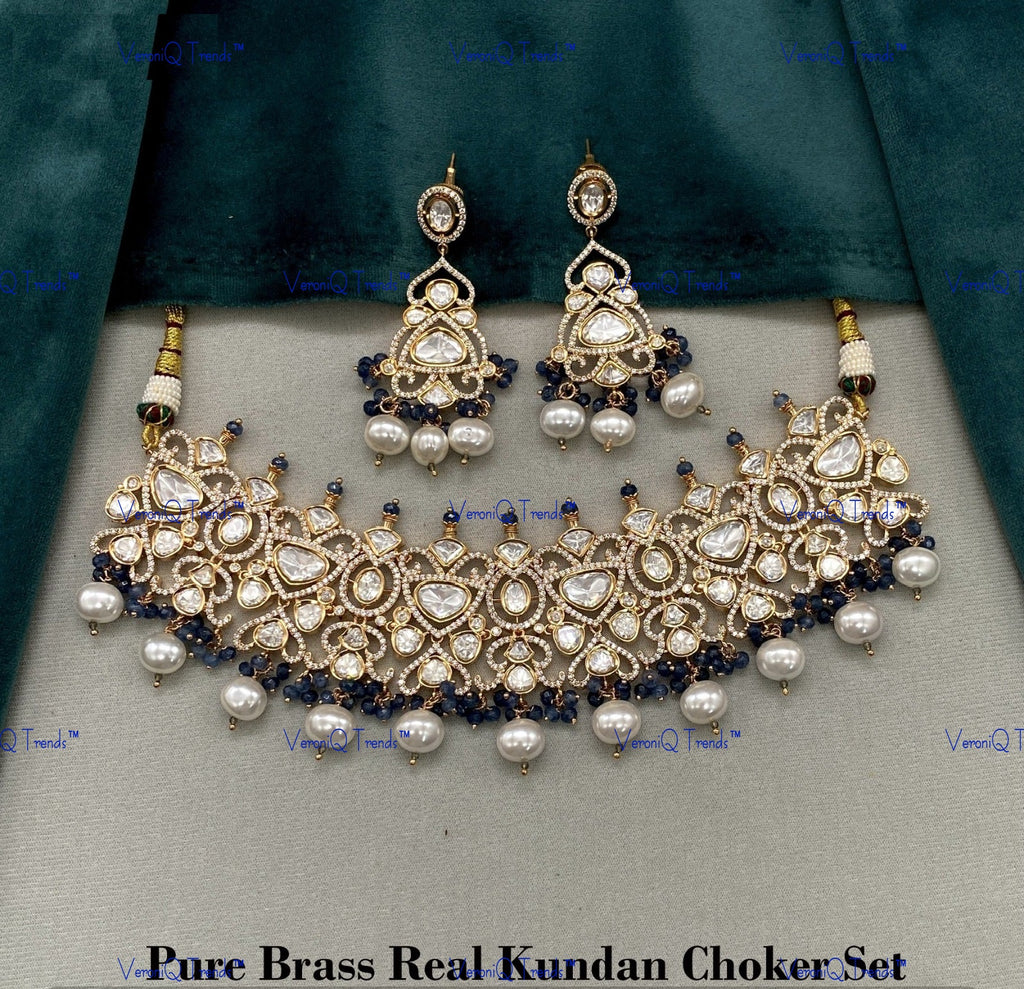 VeroniQ Trends-Kundan Polki And Pearl With CZ Stone Kundan Polki Choker Necklace Polki-Gold Plated-Wedding Jewellery-Punjabi Jewellery-South Indian-Thappa Jewellery
