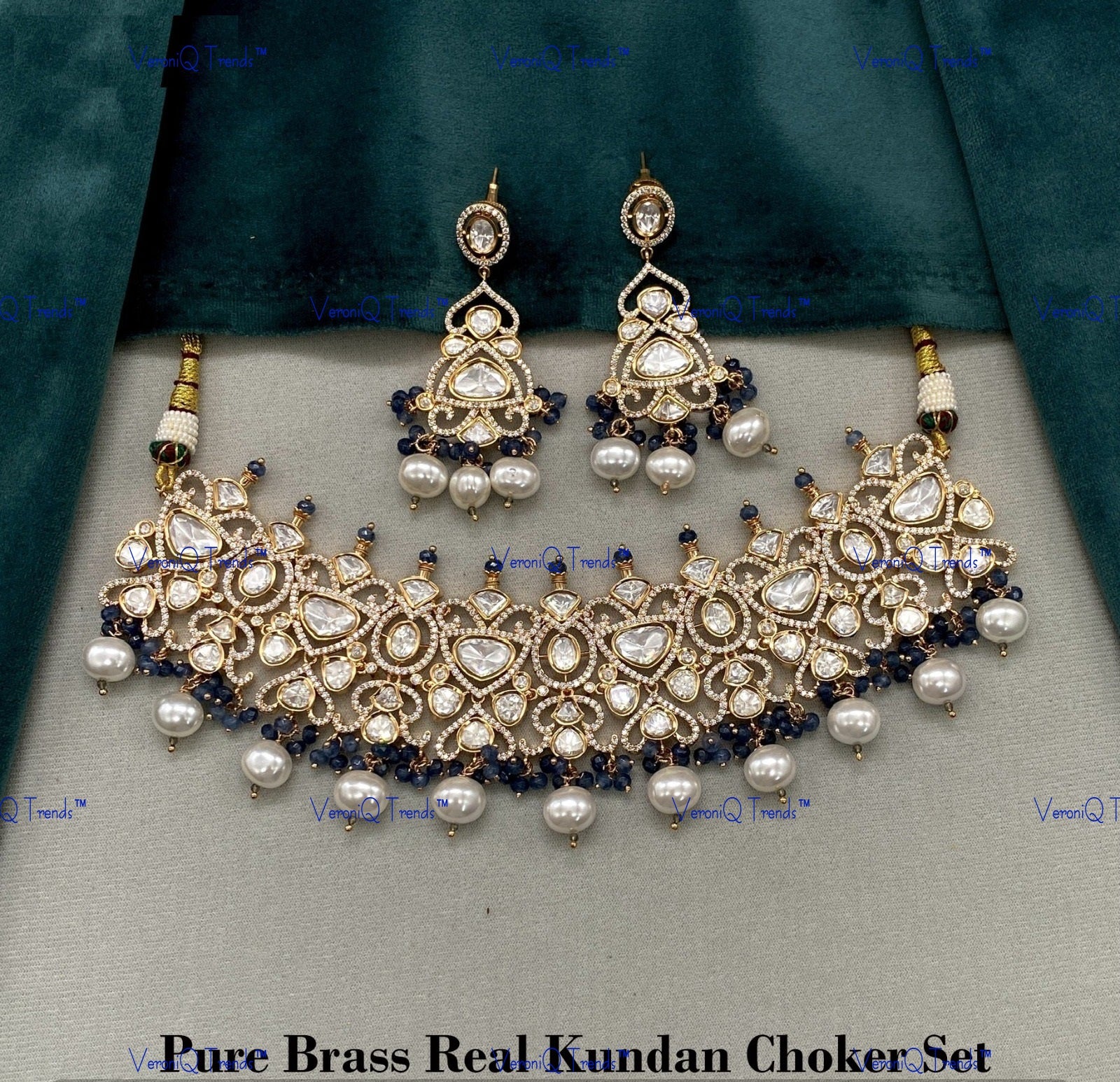 VeroniQ Trends-Kundan Polki And Pearl With CZ Stone Kundan Polki Choker Necklace Polki-Gold Plated-Wedding Jewellery-Punjabi Jewellery-South Indian-Thappa Jewellery