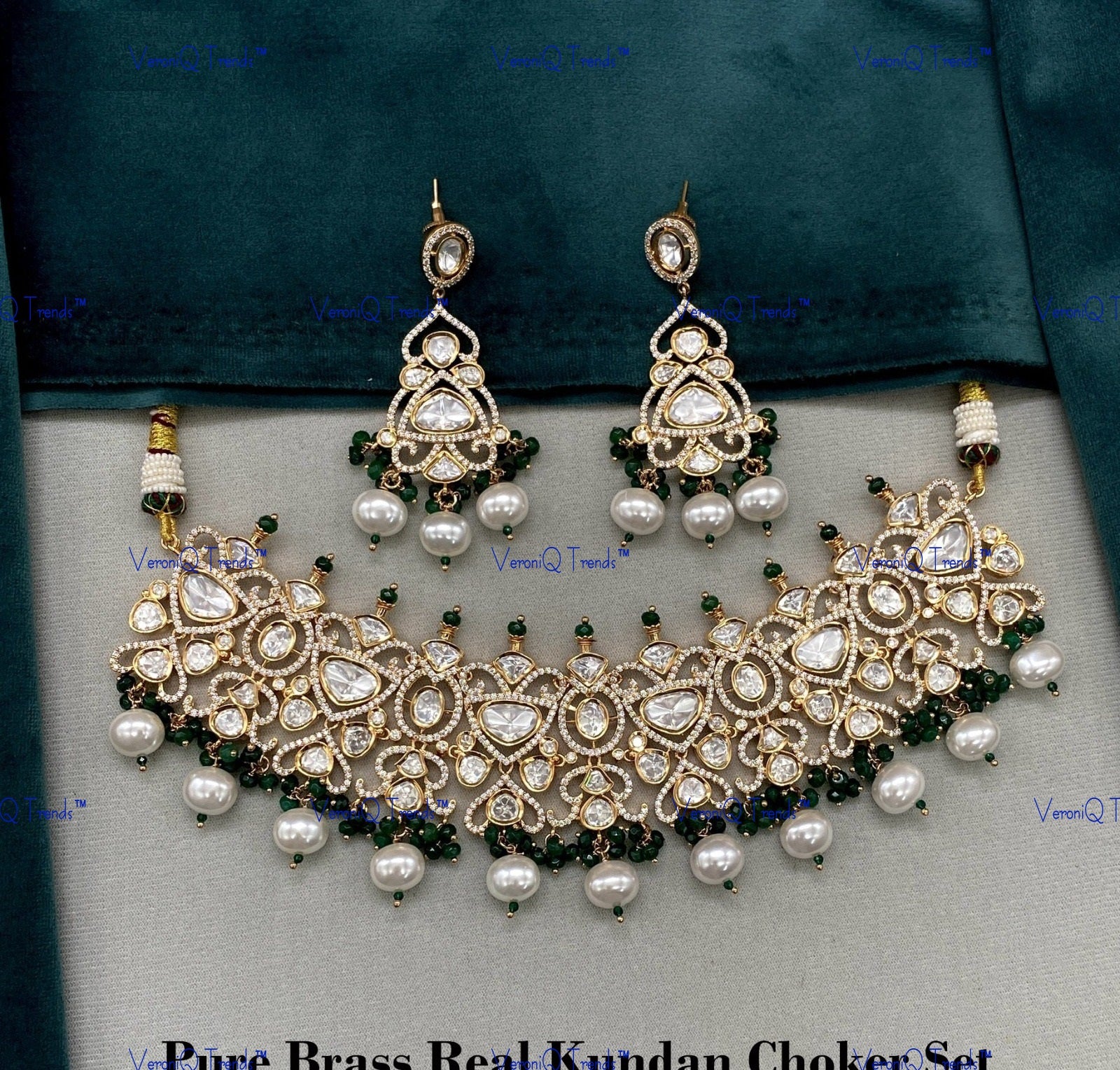 VeroniQ Trends-Kundan Polki And Pearl With CZ Stone Kundan Polki Choker Necklace Polki-Gold Plated-Wedding Jewellery-Punjabi Jewellery-South Indian-Thappa Jewellery