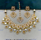 VeroniQ Trends-Beautiful Gold Plated Pearl and Kundan Polki Choker Necklace With Maang Tika and Earrings Kundan-Gold Plated-Wedding Jewelry-Punjabi Jewelry-South Indian-Thappa Jewelry